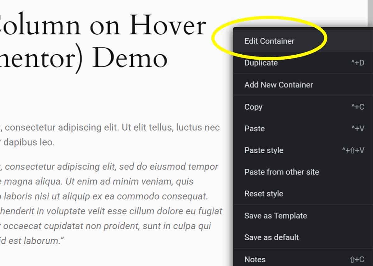 edit elementor container custom hover