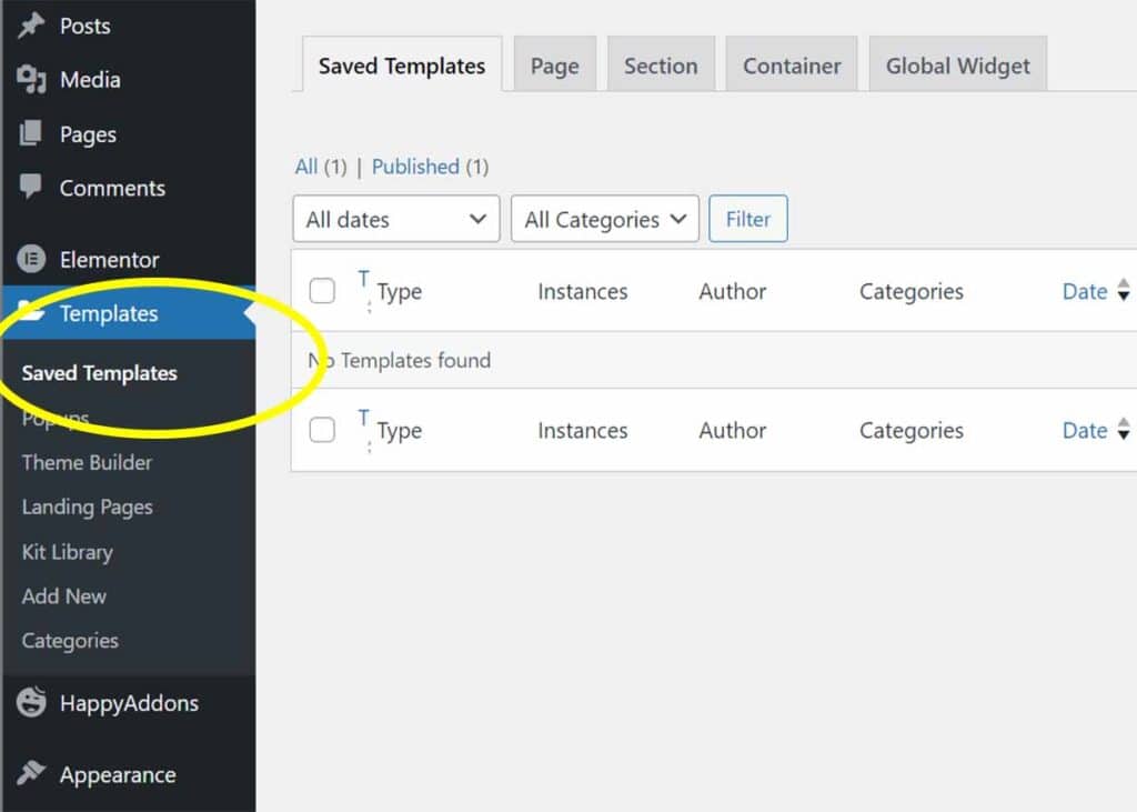 import into elementor saved templates