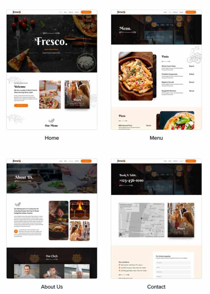 restaurant template theme pages